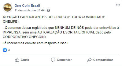 Comunicado da página One Coin Brazil após seus administradores serem entrevistados pela Pública