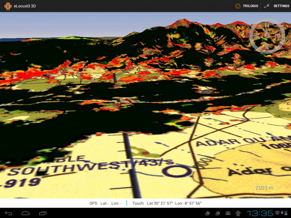 Captura de tela do dispositivo eLocust3. As áreas vermelhas são vegetação verde fresca, o tipo que os gafanhotos do deserto preferem. O preto é uma vegetação mais antiga que não atrai gafanhotos. Isso ajuda as equipes locais a saberem onde procurar enxames de gafanhotos. Foto: FAO