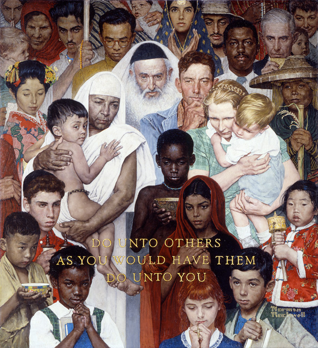 ‘Regra de ouro’ (em inglês, ‘Golden Rule’), mosaico baseado em uma obra do artista norte-americano Norman Rockwell, é uma das atrações favoritas da visitação na sede das Nações Unidas em Nova Iorque. A obra foi um presente do governo norte-americano à ONU em 1985. O mosaico retrata pessoas de diferentes nacionalidades de pé, com os dizeres da chamada regra de ouro: ‘faça aos outros o que gostaria que fizessem a você’. Crédito da imagem: Norman Rockwell (1894-1978), Golden Rule, 1961. Oil on canvas, 44 1/2” x 39 1/2”. Story illustration for The Saturday Evening Post, April 1, 1961. Norman Rockwell Museum Collections. ©SEPS: Curtis Licensing, Indianapolis, IN.