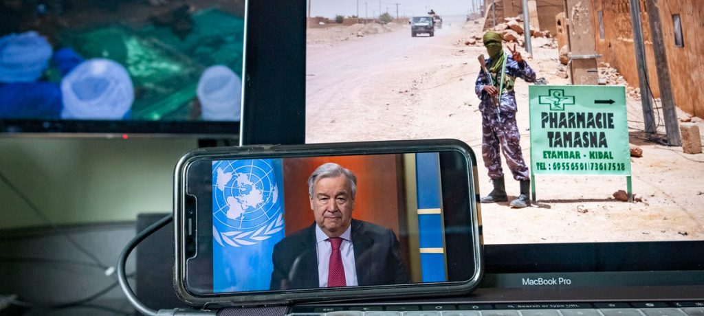 O secretário-geral da ONU, António Guterres, realiza coletiva de imprensa virtual sobre o impacto de seu apelo por um cessar-fogo global durante a pandemia de COVID-19. Foto: ONU/Loey Felipe