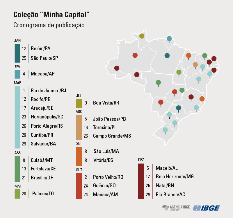 #PraCegoVer gráfico com as datas de aniversário das capitais em 3 colunas e com mapa no alto a direita com as capitais marcadas