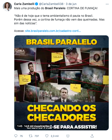 Print de tuíte da deputada Carla Zambelli na qual ela divulga lançamento do documentário "Cortina de Fumaça" da produtora conservadora Brasil Paralelo