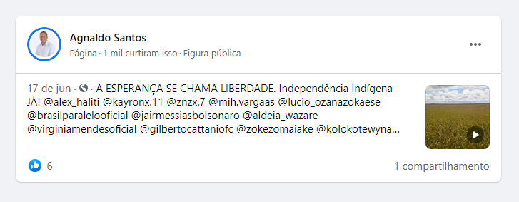 Print de postagem no Facebook do superintendente de Assuntos Indígenas da Casa Civil do governo do Mato Grosso, Agnaldo Santos, divulgando documentário sobre exploração agrícola em terras indígenas