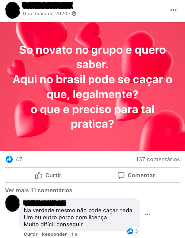 Print de conversa entre membros de grupo de caça sobre ilegalidade da prática