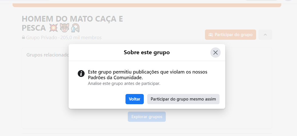 Aviso de violações de políticas do Facebook no grupo "Homem do Mato Caça e Pesca"