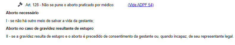 Print do Código Penal Brasileiro acerca da legalização do aborto