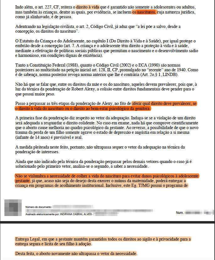 Trecho da sentença elaborada pela juíza Indirana Cabral. Segundo juristas ouvidos pela reportagem, o documento teria sido vazado pela magistrada em um grupo de WhatsApp