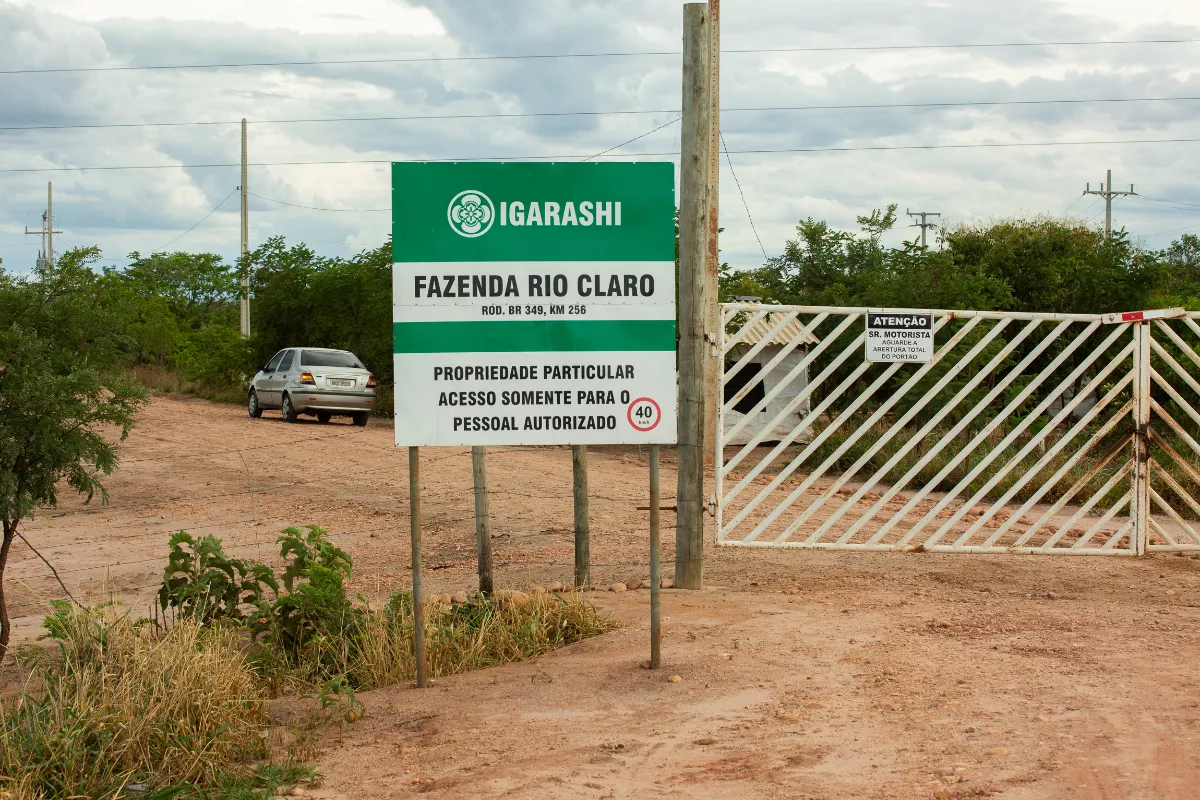 Na foto, a fachada da fazenda Igarashi, com uma placa verde e branca ao lado de um portão de ferro