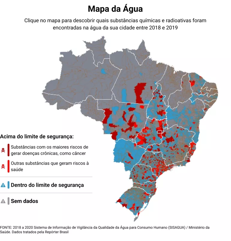 Mapa mostra substâncias químicas encontradas na água de cada município