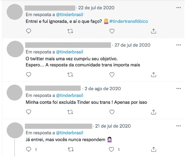 Reprodução de conversa na rede social Twitter, onde usuárias e usuários relatam transfobia no Tinder