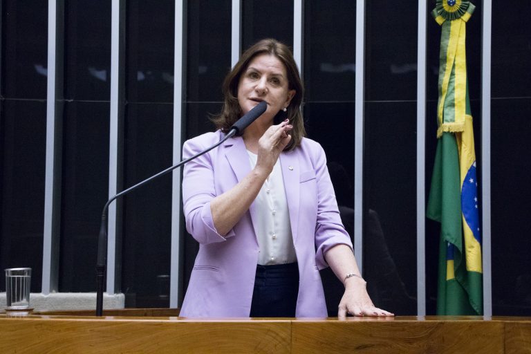 Deputada Carmen Zanotto discursa no Plenário da Câmara. Ela é branca, tem cabelos castanhos e lisos e usa um blazer lilás