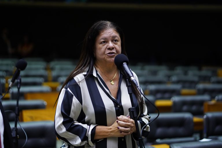 Deputada Laura Carneiro fala ao microfone. Ela é uma mulher clara, tem cabelos escuros e longos, e usa uma blusa listrada de preto e branco