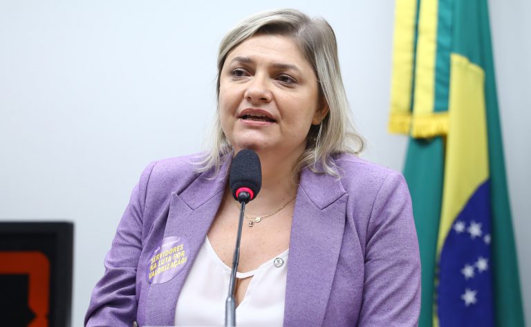 Deputada Professora Luciene Cavalcante fala ao microfone. Ela é loira e usa um terno lilás. Ao fundo, do lado direito há uma bandeira do Brasil