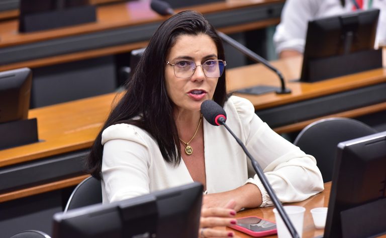 Deputada Delegada Ione está sentada à mesa