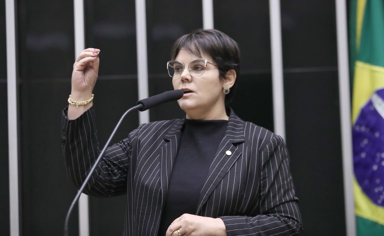 Deputada Coronel Fernanda fala ao microfone