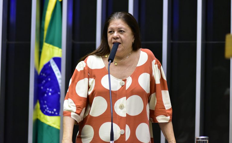 Deputada Laura Carneiro fala ao microfone. Ela é branca, tem o cabelo comprido e escuro, veste uma blusa laranja com bolas brancas