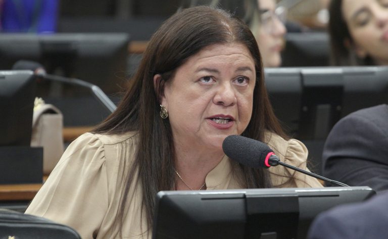 Deputada Laura Carneiro fala ao microfone. Ela é branca, tem o cabelo comprido e escuro, veste uma blusa cáqui