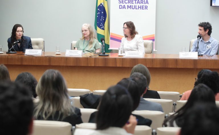 Encontro sobre a Implementação do Orçamento Sensível a Gênero. Secretaria Nacional de Planejamento - Ministério do Planejamento e Orçamento, Virginia de Paula. Assessora Técnica da Secretaria da Mulher, Danielle Gruneich. Secretaria Executiva do Ministerio das Mulheres, Maria Helena Guarezi. Cordenador de Orçamento Fundação Tide Setúbal, Pedron Marin.