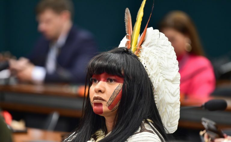 Deputada Célia Xakriabá usa um cocar indígena